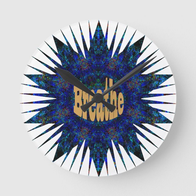 Breathe, On Blue Boho Star,   Round Clock (Front)