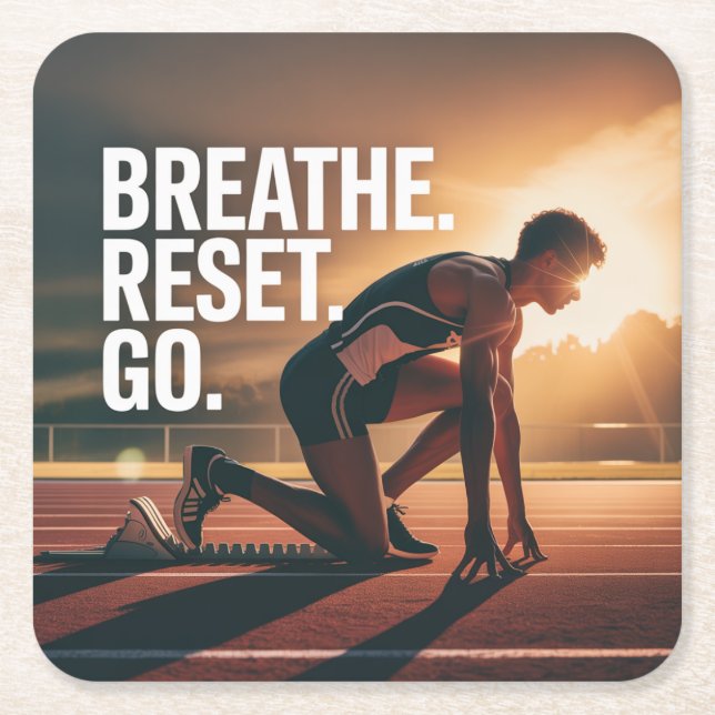 Breathe. Reset. Go. Square Paper Coaster (Front)