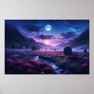 Breathtaking Indigo Twilight Highland Moonlit Poster