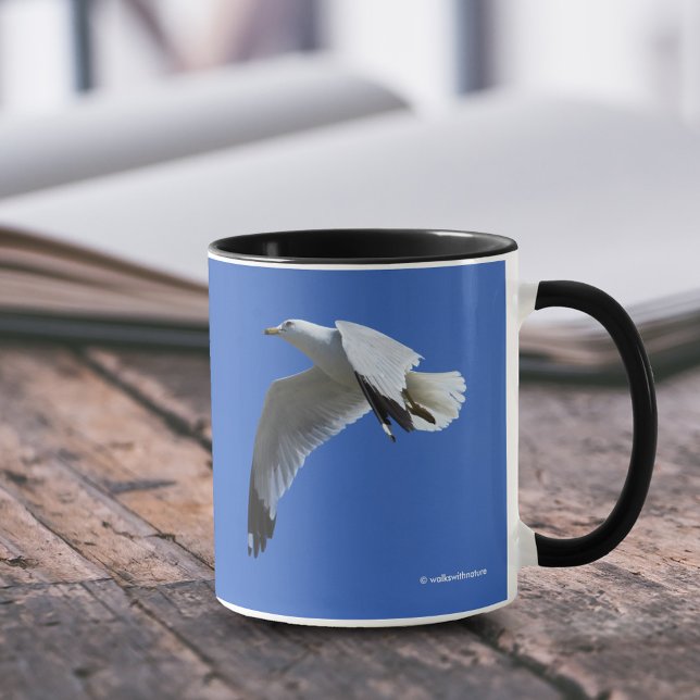 Breathtaking Ring-Billed Gull Shorebird in Flight Mug (Breathtaking Ring-Billed Gull in Flight 11 oz Coffee Mug Cover Photo.)