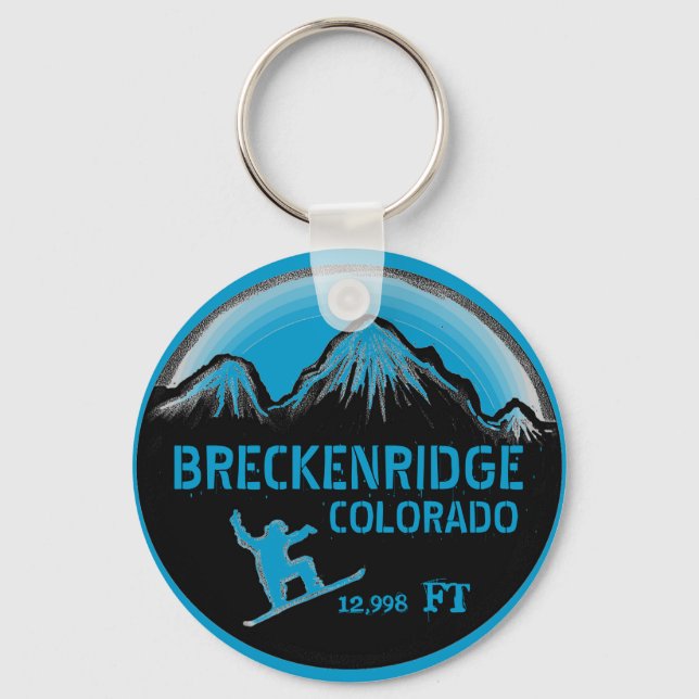 Breckenridge Colorado blue snowboard art keychain (Front)