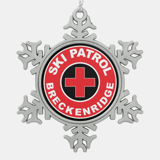 Breckenridge Colorado Ski Patrol Snowflake Pewter Christmas Ornament (Front)