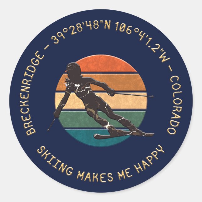 Breckenridge, Colorado - Woman Skier, Golden Text Classic Round Sticker (Front)