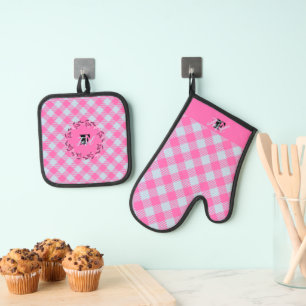 "Breezy Blue, Hot Pink"  Gingham Customisable Oven Mitt & Pot Holder Set