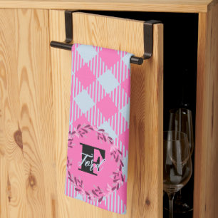 "Breezy Blue, Hot Pink" Gingham Customisable Tea Towel