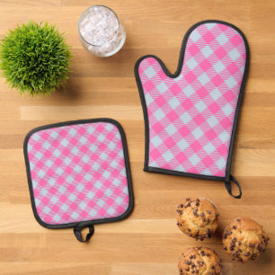 "Breezy Blue, Hot Pink" Gingham Oven Mitt & Pot Holder Set