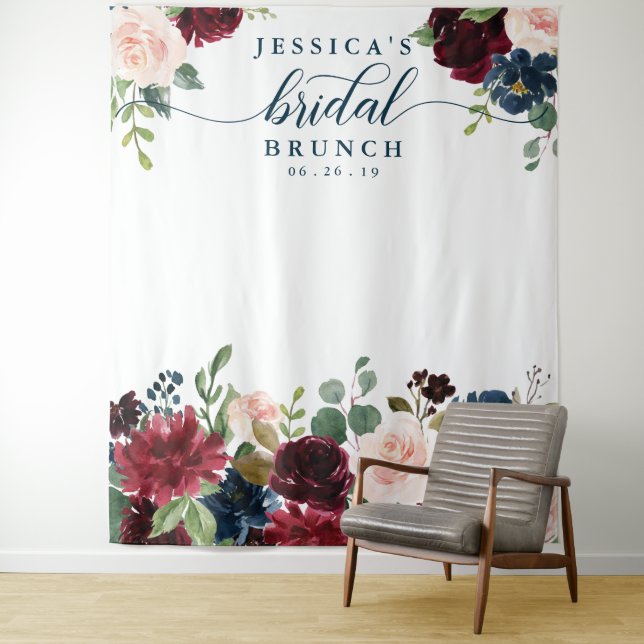 Breezy Burgundy Bridal Shower Backdrop Photo Booth Tapestry (In Situ)