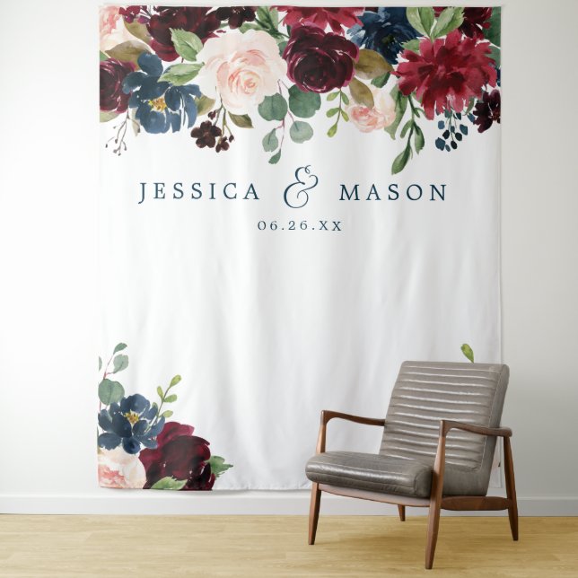 Breezy Burgundy Wedding Backdrop Photo Booth Tapestry (In Situ)