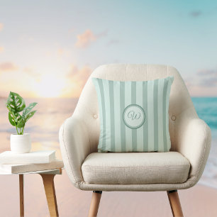 Breezy Soft Vintage Green Stripes with Initial Cushion