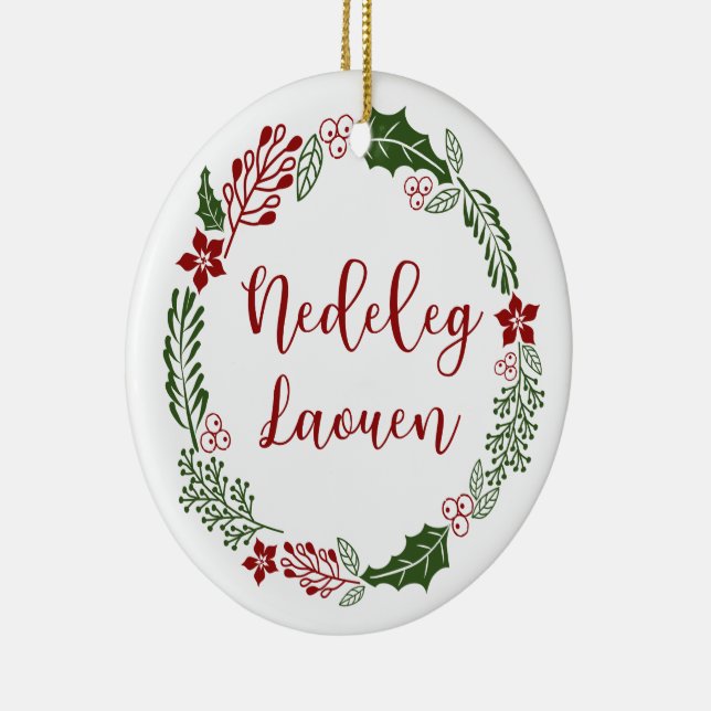 Breton Merry Christmas Wreath, Nedeleg laouen Ceramic Ornament (Right)