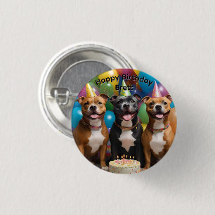 Brett Name With Party Staffys And Cake, 3 Cm Round Badge