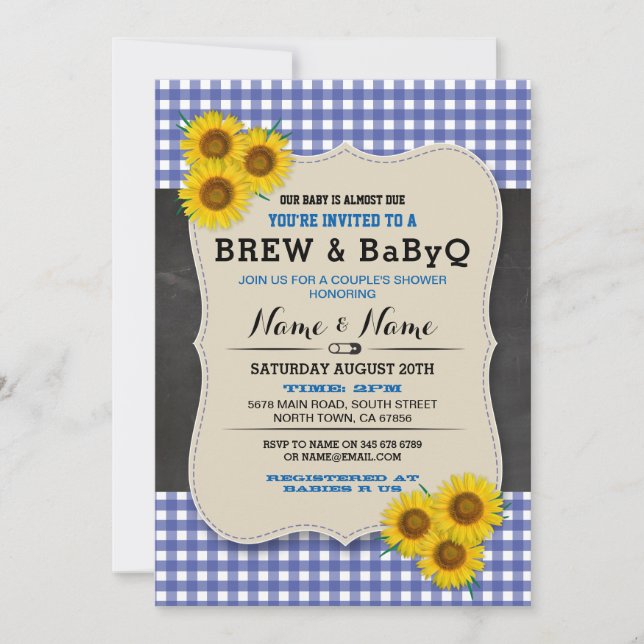 Brew and BABYQ Baby Shower Blue Sunflower Invite (Front)