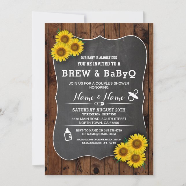Brew and BABYQ Baby Shower Wood Sunflower Invite (Front)