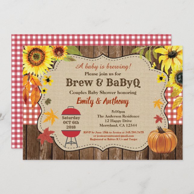 Brew and BabyQ invitation rustic beer couples (Front/Back)