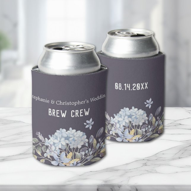 Brew Crew Dusty Blue Floral Wedding Can Cooler (Creator Uploaded)