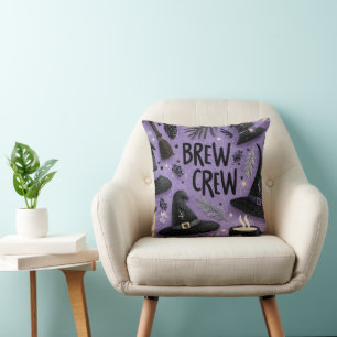 Brew Crew Graphic with Witch Hats, Coffee Mugs Cushion