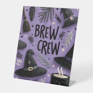 Brew Crew Graphic with Witch Hats, Coffee Mugs Pedestal Sign