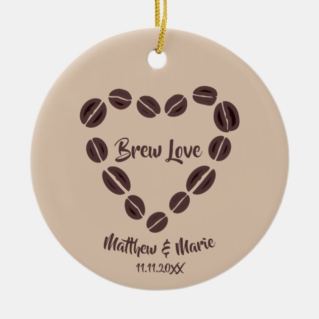 Brew Love Coffee Bean Heart Ceramic Ornament (Front)