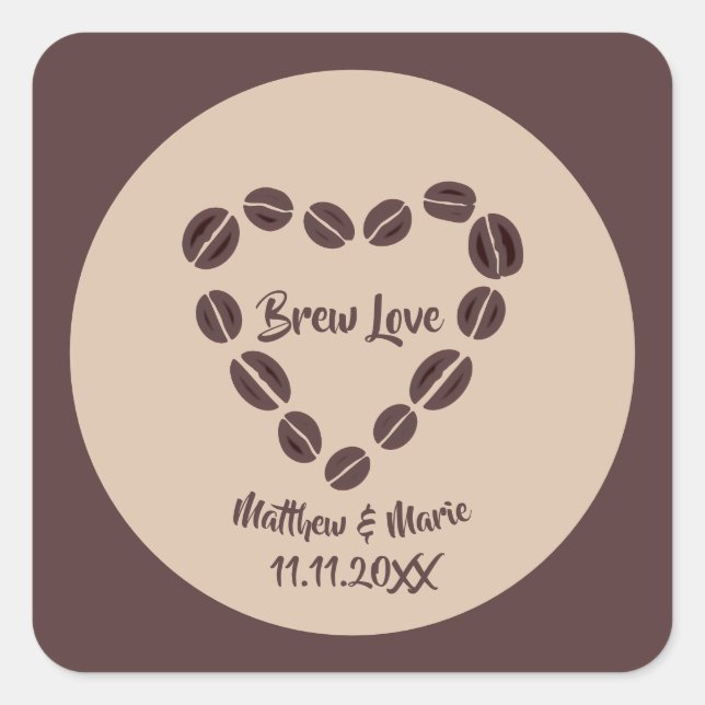 Brew Love Coffee Bean Heart Square Sticker (Front)