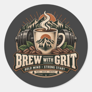 Brew With Grit Vintage Coffee Fitness Strength Classic Round Sticker