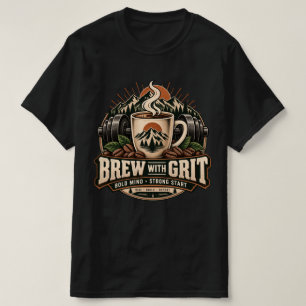 Brew With Grit Vintage Coffee Fitness Strength T-Shirt