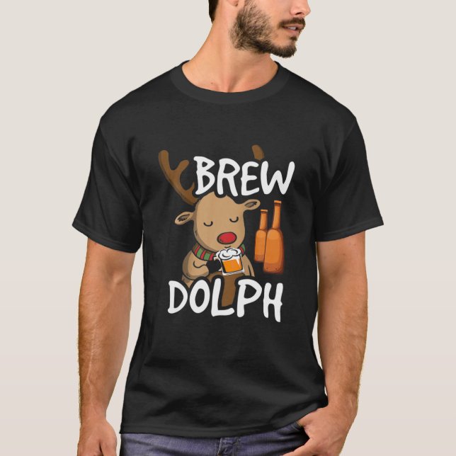 Brewdolph Beer Drinking Rudolph Reindeer Christmas T-Shirt (Front)