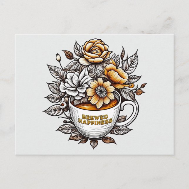 Brewed Happiness Coffee Flowers Postcard (Front)