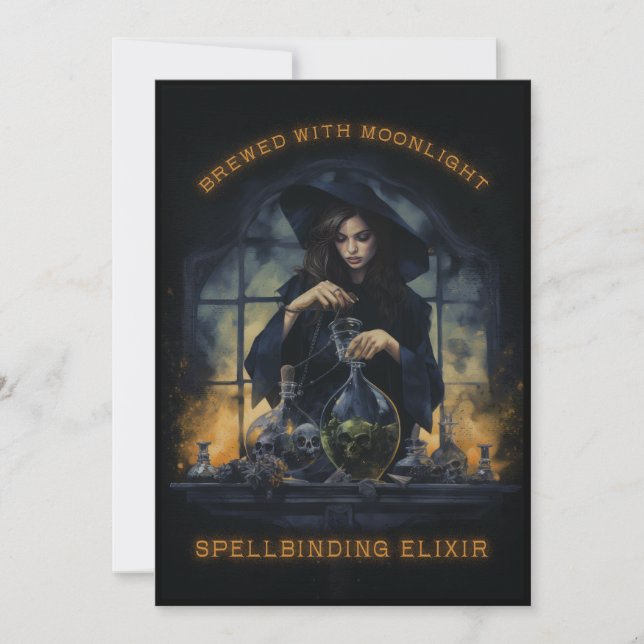 Brewed With Moonlight Witch Halloween Party Holiday Card (Front)