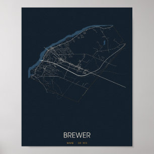 Brewer Maine Street Map Poster (Night) – Est. 1812