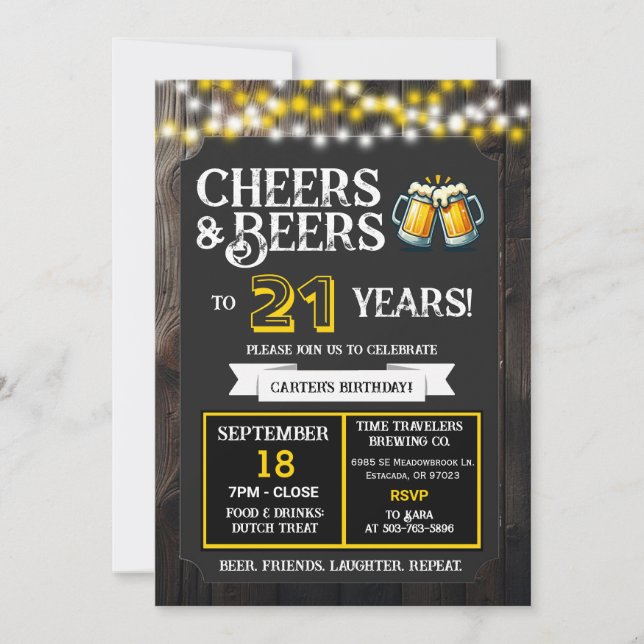Brewery Birthday Cheers and Beers to 21 Years Invitation (Front)
