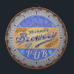 Brewery Pub Personalised Beer Bottle Cap Dartboard<br><div class="desc">This design for your brewery and pub decor is made to look like a beer bottle cap. It says, "Welcome to [Your Name] Brewery & Pub." The text and design have a distressed, weathered look, to make the bottle cap image appear slightly antique. The design has a hops and barley...</div>