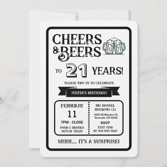 Brewery Surprise Cheers and Beers to 21 Years Invi Invitation (Front)