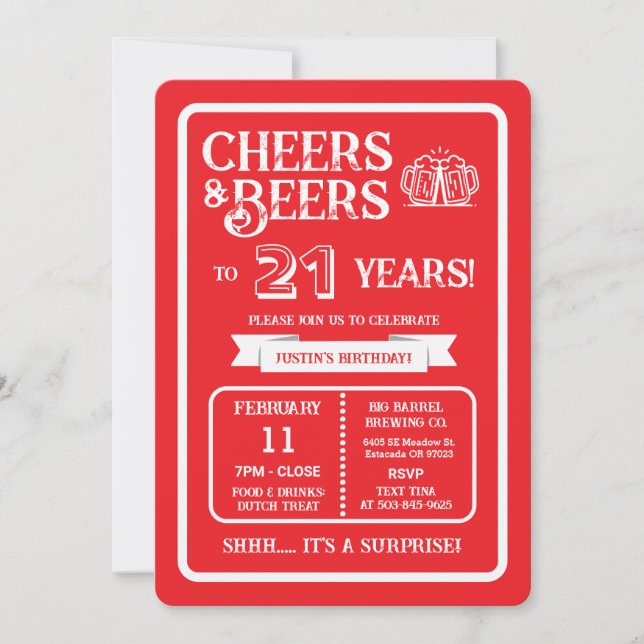 Brewery Surprise Cheers and Beers to 21 Years Invitation (Front)