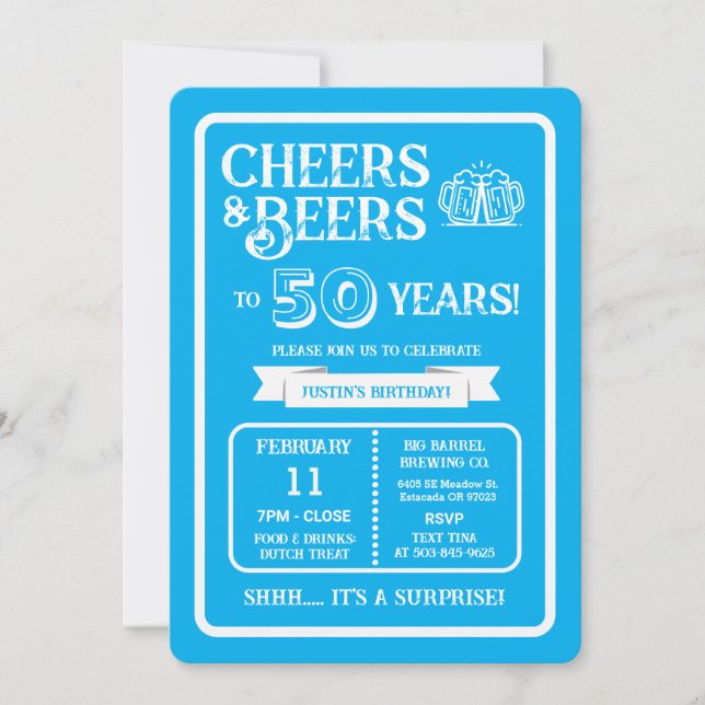 Brewery Surprise Cheers and Beers to 50 Years Invitation (Front)