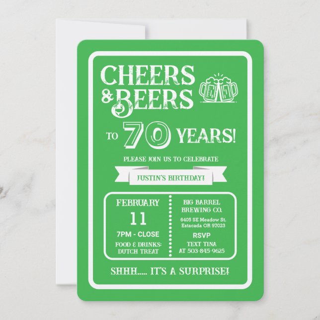 Brewery Surprise Cheers and Beers to 70 Years Invitation (Front)