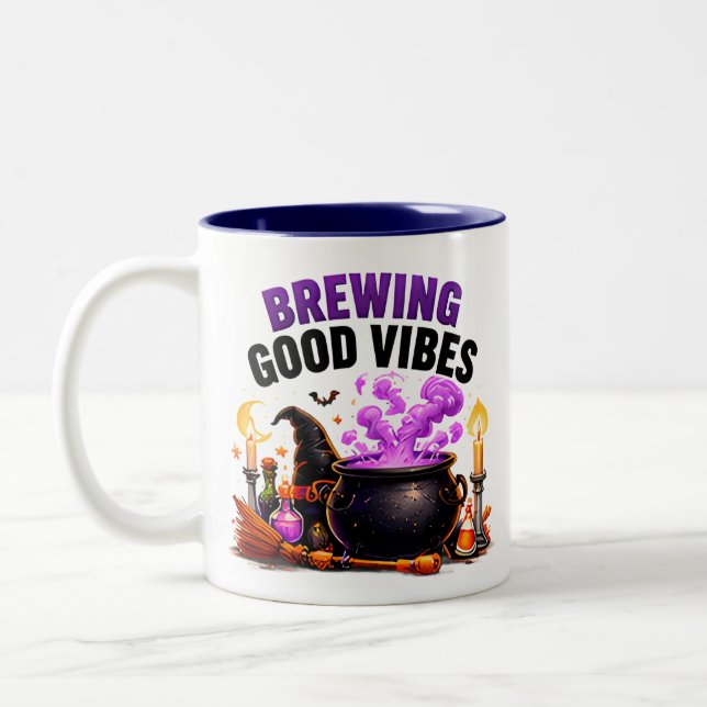 Brewing Good Vibes Funny Witch Cauldron Magic Two-Tone Coffee Mug (Left)