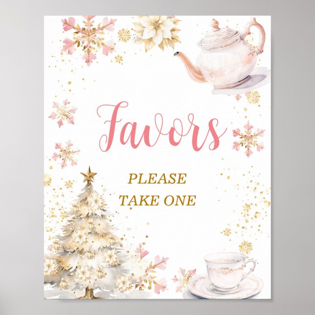 Brewing Pink Winter Tea Party Baby Shower Favors Poster (Front)
