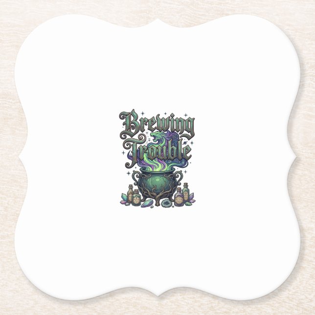 Brewing Trouble Cauldron Dragon Alchemy Crystals H Paper Coaster (Front)