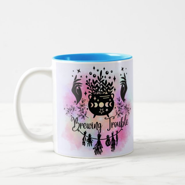 Brewing Trouble: Mischievous Witchy Design Two-Tone Coffee Mug (Left)