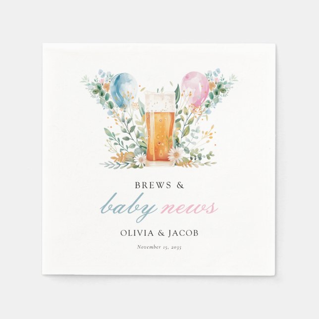 Brews & Baby News Gender Reveal Party Napkin (Front)