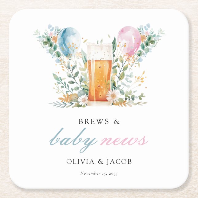 Brews & Baby News Gender Reveal Party Square Paper Coaster (Front)