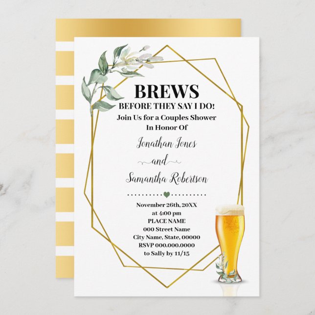 Brews before I do Greenery Gold Couples Shower Invitation (Front/Back)