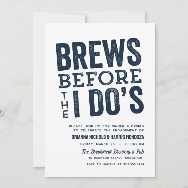Brews before I Do's brewery engagement party navy Invitation (Front)