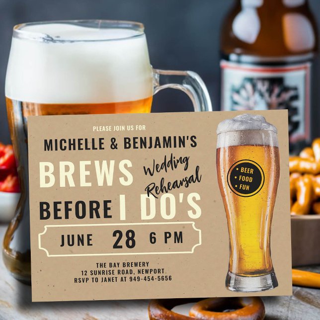 Brews Before I Dos Couple Wedding Rehearsal Casual Invitation (brews before i dos wedding rehearsal dinner invitation brewery theme rustic kraft beer party)