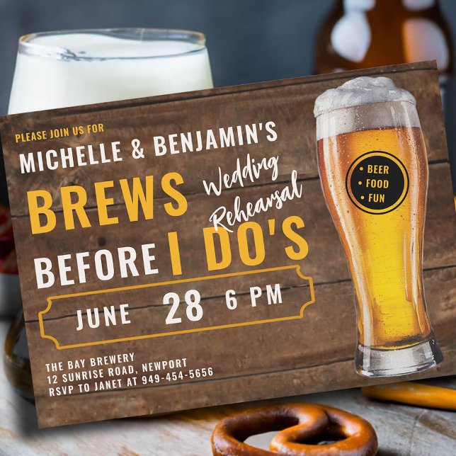 Brews Before I Dos Couple Wedding Rehearsal Rustic Invitation (brews before i dos wedding rehearsal dinner invitation brewery theme rustic wood coed)