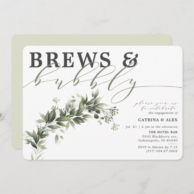 Brews & Bubbly Faded Greenery Engagement Party Invitation (Front/Back)