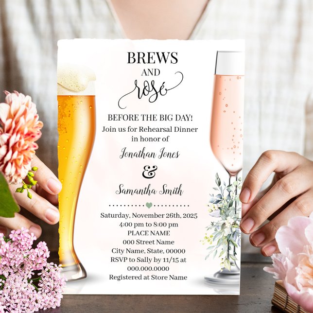 Brews & Rose Before Big Day Rehearsal Greenery Invitation (Brews and Rose Before Big Day Rehearsal Dinner Invitation, Greenery Wedding, Couples Shower)