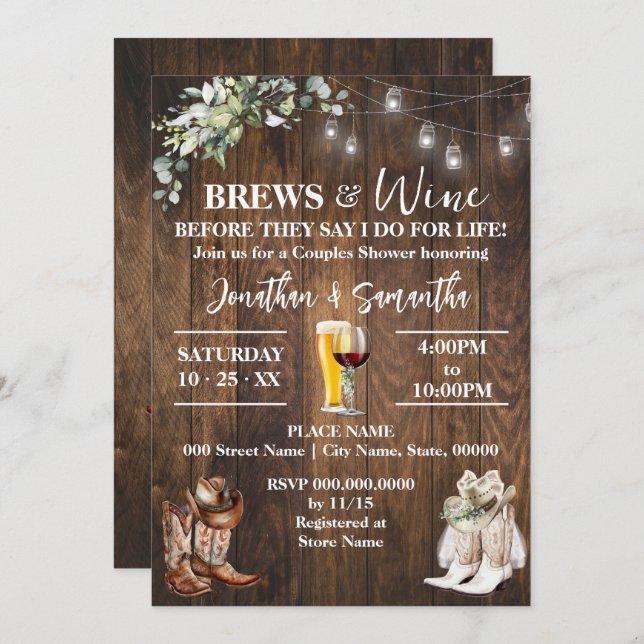 Brews & Wine before I do Western Bridal Shower Invitation (Front/Back)