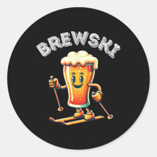 Brewski Winter Skiing Beer Ski Retro Cartoon Funny Classic Round Sticker