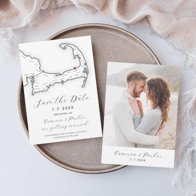 Brewster MA Cape Cod Map Black and White Wedding Save The Date (Brewster MA Cape Cod Map Save the Date with Photo in Elegant Modern Black and White)